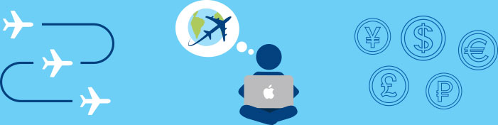 aircraft icons showing in flight with person on laptop in middle dreaming of flying and currency signs